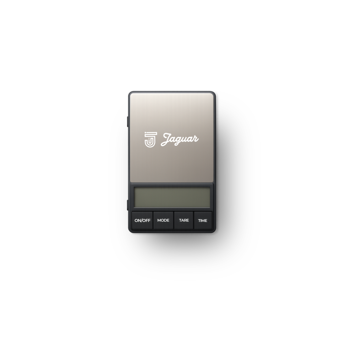 Digital pocket scale with Jaguar branding on a white background