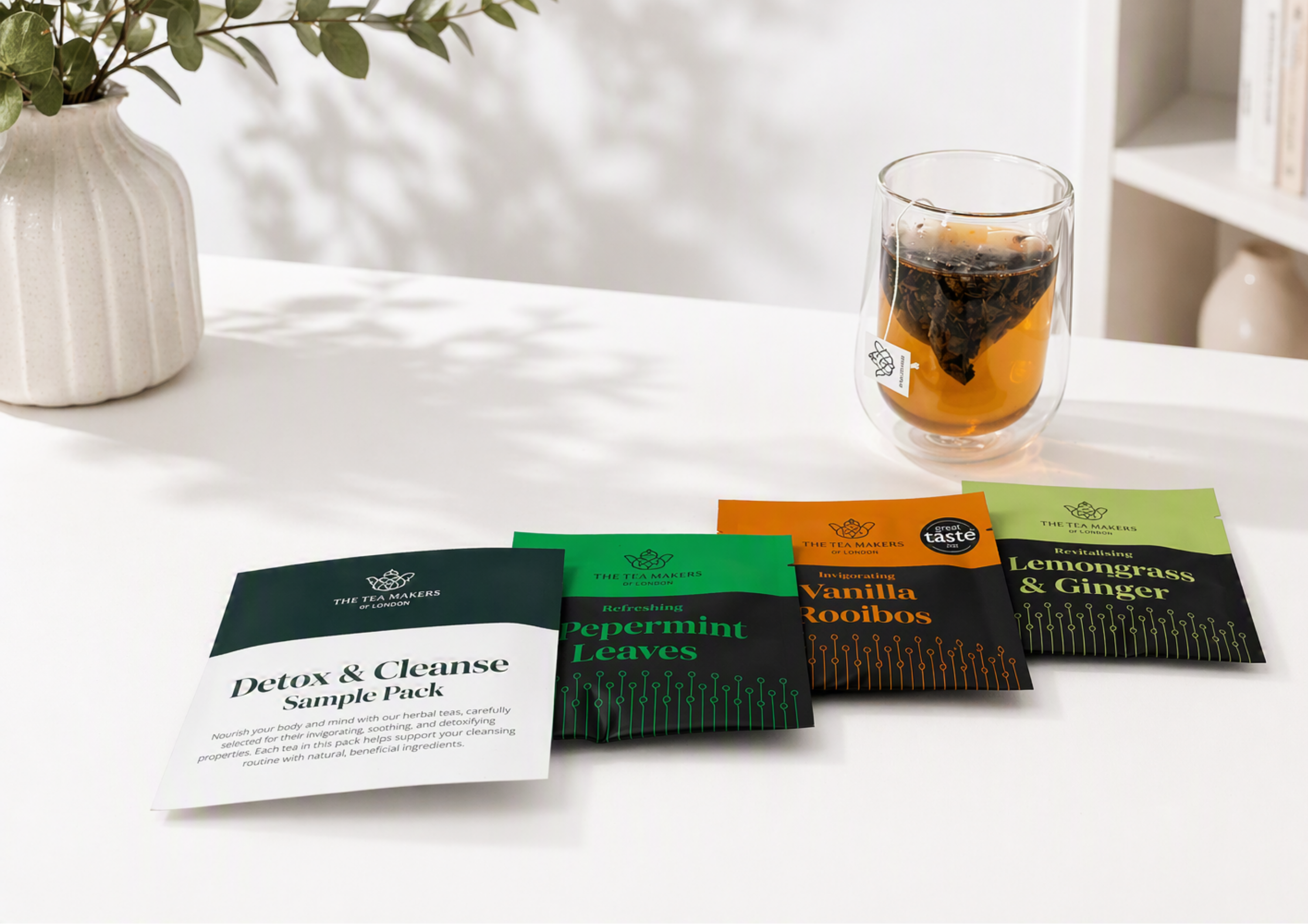 detox and cleanse tea in a dining room with tea in glass mug