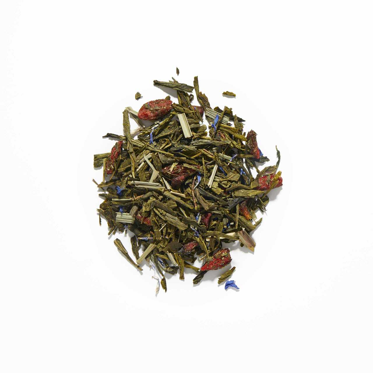 Sencha Goji Berry Loose Leaf Tea arranged in a circle