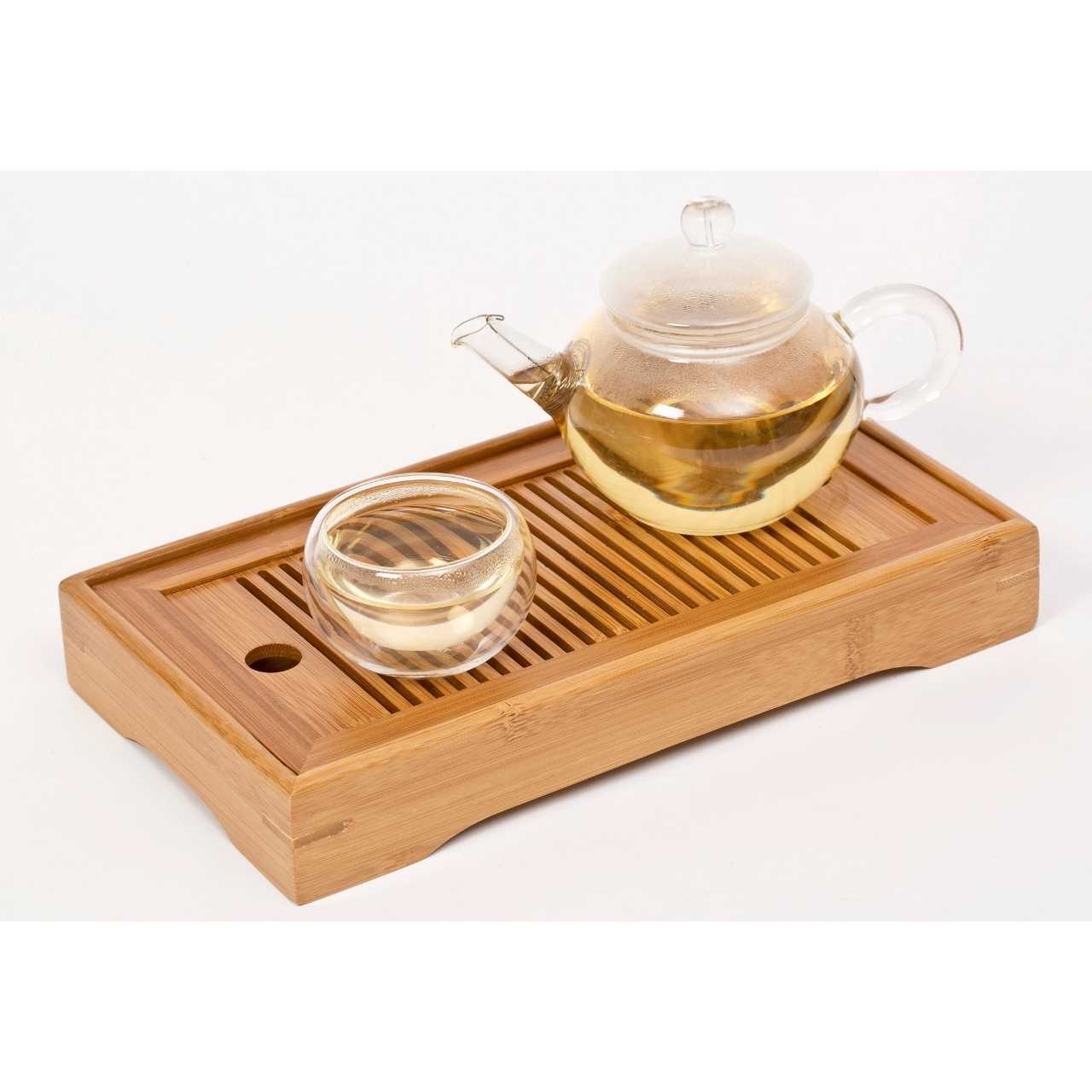 Ceremonial Bamboo water Tray with glass teapot and small double walled cup